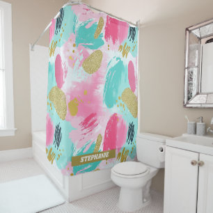 Colourful Abstract Brushstrokes - Mint & Pink (1) Shower Curtain