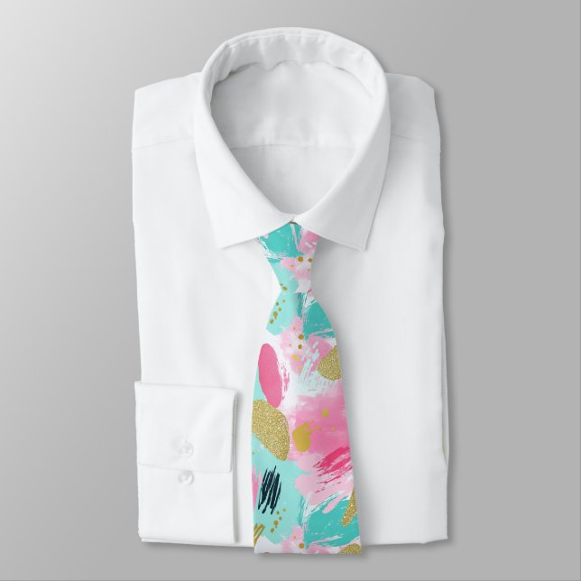 Colourful Abstract Brushstrokes - Mint & Pink (1) Tie (Tied)