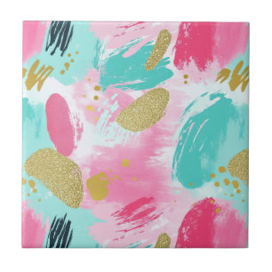Colourful Abstract Brushstrokes - Mint & Pink (1) Tile