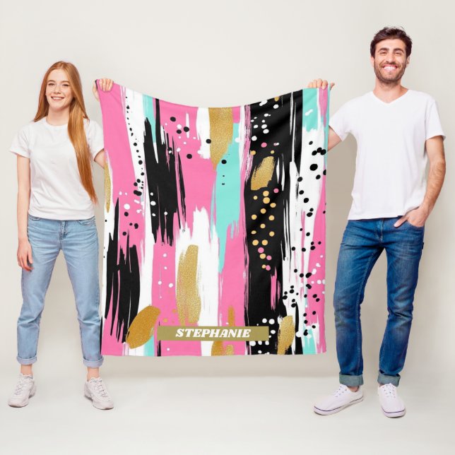 Colourful Abstract Brushstrokes - Mint & Pink (2) Fleece Blanket (In Situ)