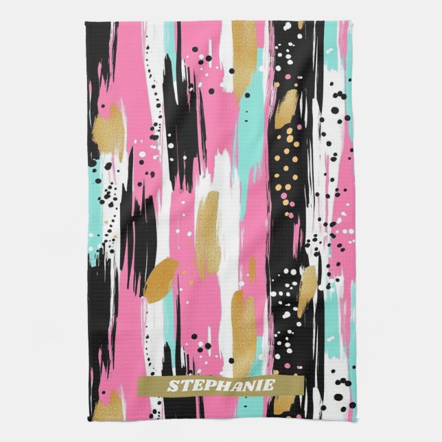 Colourful Abstract Brushstrokes - Mint & Pink (2) Tea Towel (Vertical)