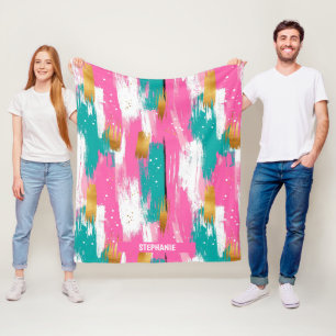 Colourful Abstract Brushstrokes - Mint & Pink (3) Fleece Blanket