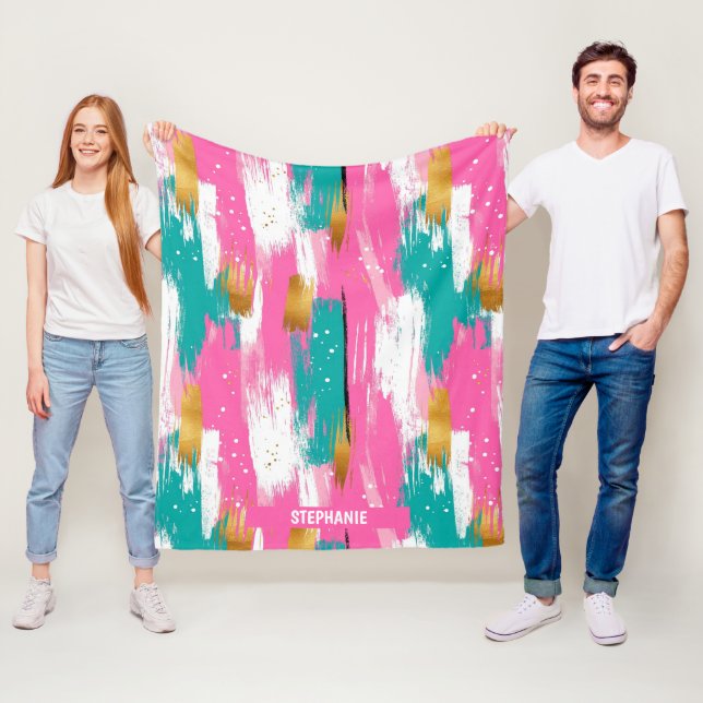 Colourful Abstract Brushstrokes - Mint & Pink (3) Fleece Blanket (In Situ)
