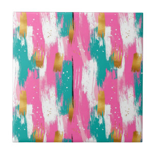 Colourful Abstract Brushstrokes - Mint & Pink (3) Tile