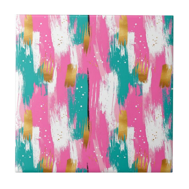 Colourful Abstract Brushstrokes - Mint & Pink (3) Tile (Front)