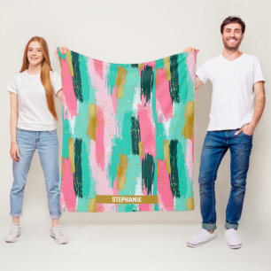 Colourful Abstract Brushstrokes - Mint & Pink (4) Fleece Blanket