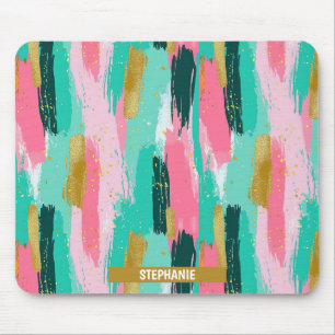 Colourful Abstract Brushstrokes - Mint & Pink (4) Mouse Mat