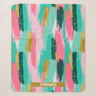 Colourful Abstract Brushstrokes - Mint & Pink (4) Sherpa Blanket