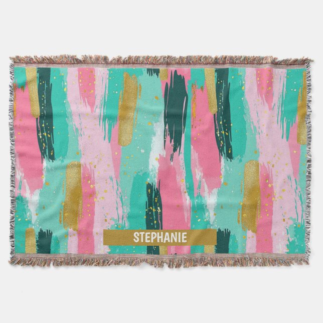 Colourful Abstract Brushstrokes - Mint & Pink (4) Throw Blanket (Front)