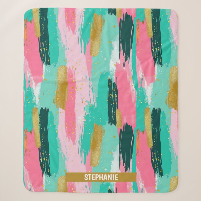 Colourful Abstract Brushstrokes - Mint & Pink Sherpa Blanket (Front)