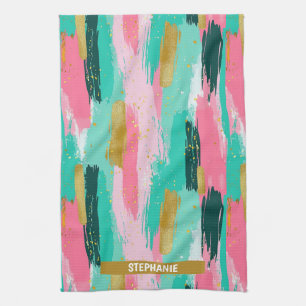 Colourful Abstract Brushstrokes - Mint & Pink Tea Towel