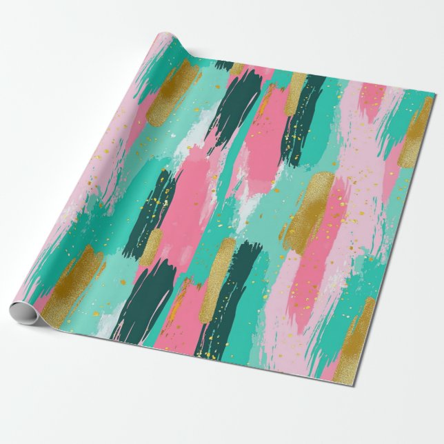 Colourful Abstract Brushstrokes - Mint & Pink Wrapping Paper (Unrolled)