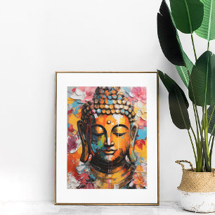 Colourful Abstract Buddha with Floral Accent Poster