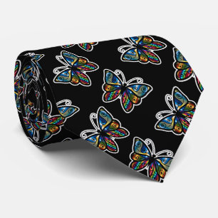 Colourful Abstract Butterfly on Black Background Tie