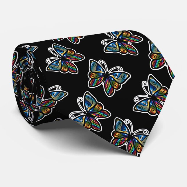 Colourful Abstract Butterfly on Black Background Tie (Rolled)