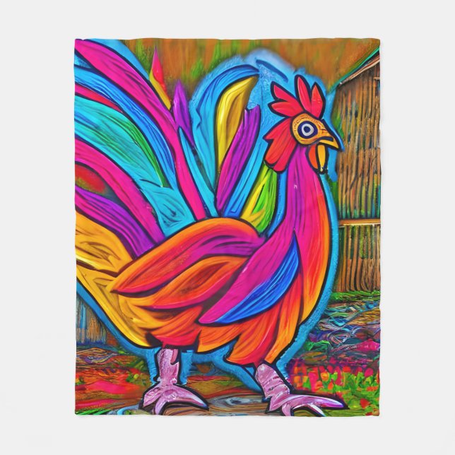 Colourful Abstract Cartoon Barn Rooster Fleece Blanket (Front)