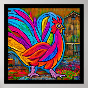 Colourful Abstract Cartoon Barn Rooster Poster