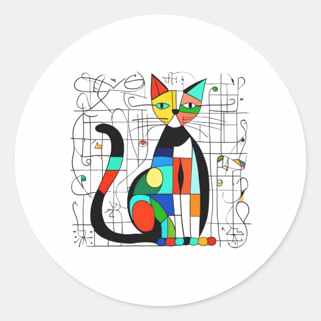 Colourful Abstract Cat Art Cubist Cubism Classic Round Sticker (Front)