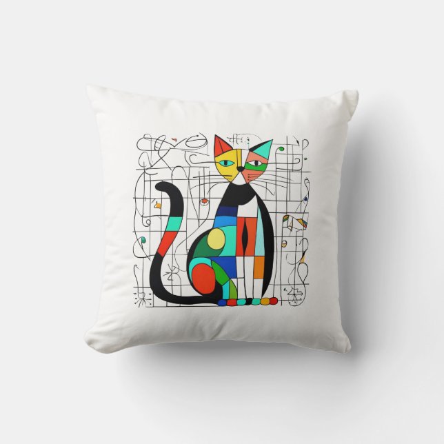 Colourful Abstract Cat Art Cubist Cubism Cushion (Front)