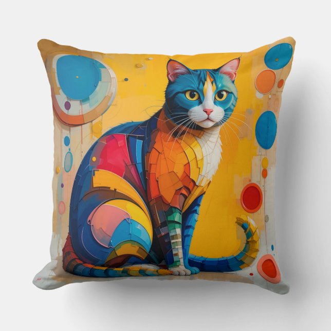 Colourful Abstract Cat Artwork Cushion (Front)