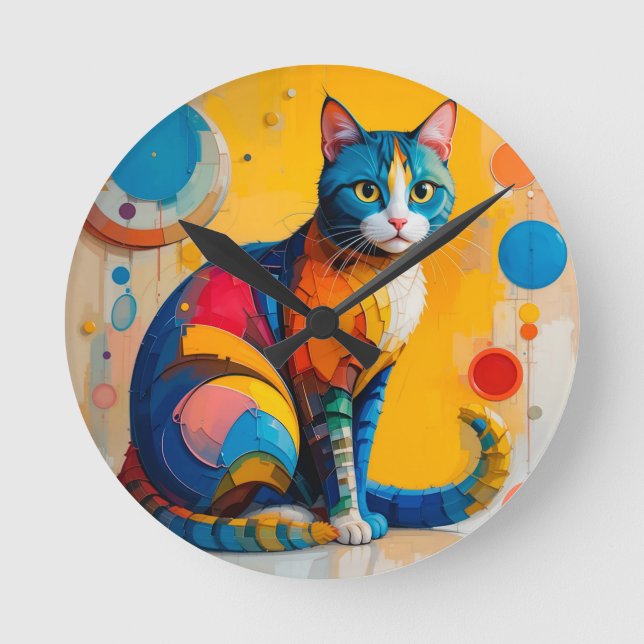 Colourful Abstract Cat Artwork Round Clock (Front)