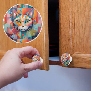 Colourful Abstract Cat Ceramic Knob