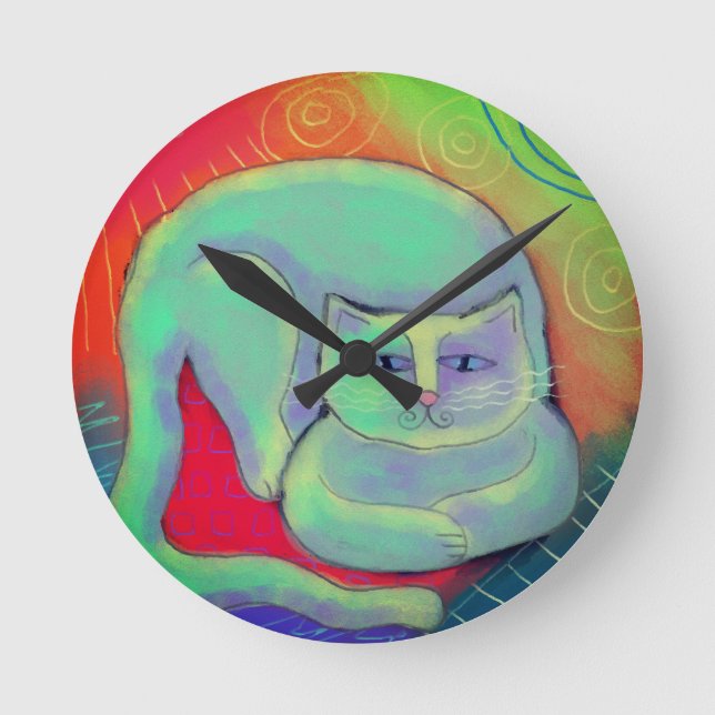 Colourful Abstract Cat Painting Round Clock (Front)