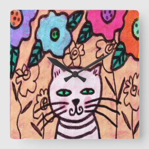 Colourful Abstract Cat Painting Square Wall Clock