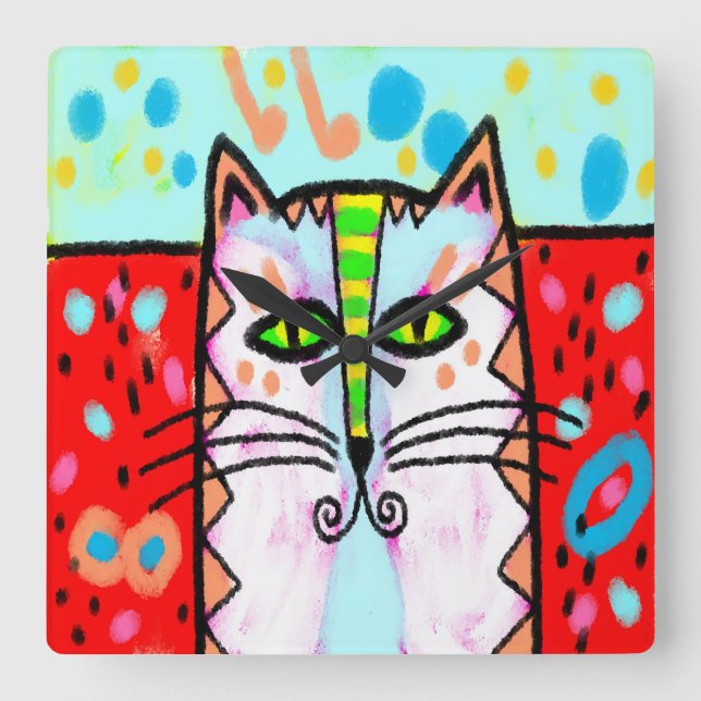 Colourful Abstract Cat Painting Square Wall Clock (Front)