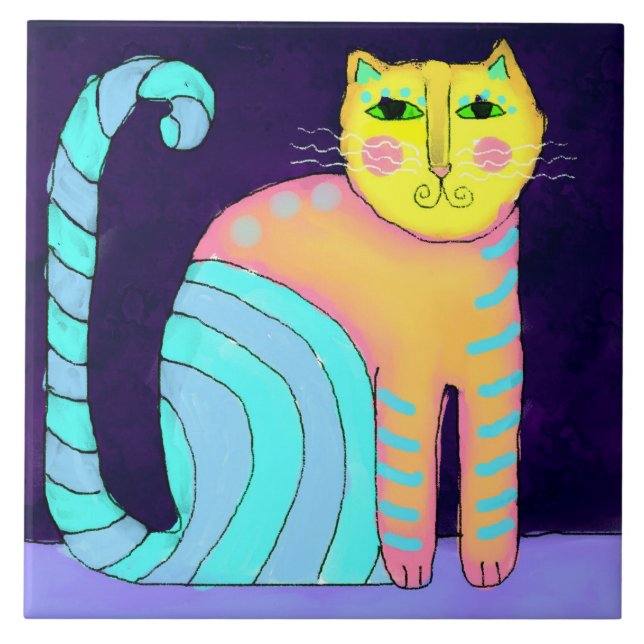 Colourful Abstract Cat Painting Tile (Front)