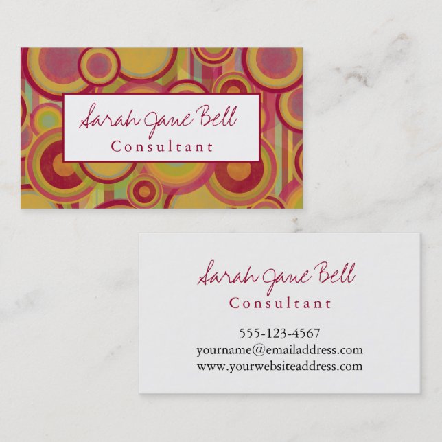Colourful, Abstract Circles & Stripes with Red Business Card (Front/Back)