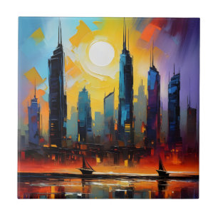 Colourful Abstract Cityscape Oil Acrylic Paint Tile