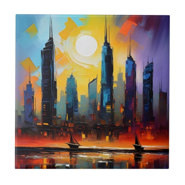 Colourful Abstract Cityscape Oil Acrylic Paint Tile (Front)