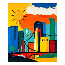Colourful Abstract Cityscape with Sun and Bridge