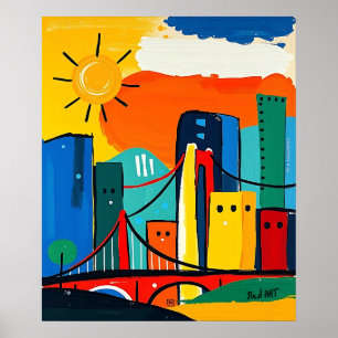 Colourful Abstract Cityscape with Sun and Bridge Poster