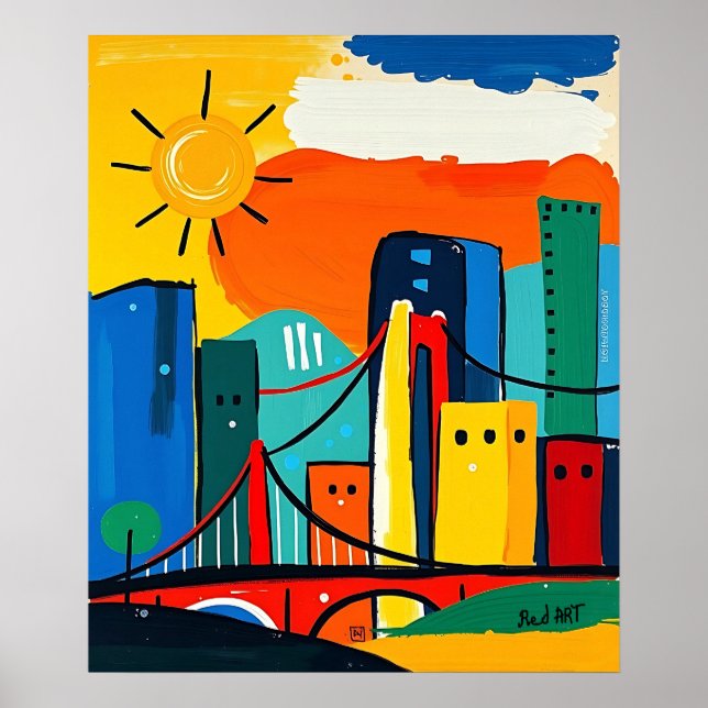 Colourful Abstract Cityscape with Sun and Bridge Poster (Front)