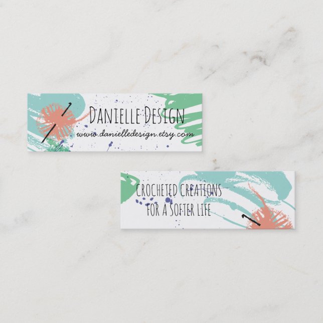 Colourful abstract crochet hooks ball of yarn mini business card (Front/Back)