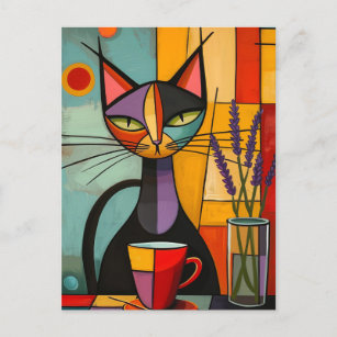 Colourful Abstract Cubist Cat & Coffee Postcard