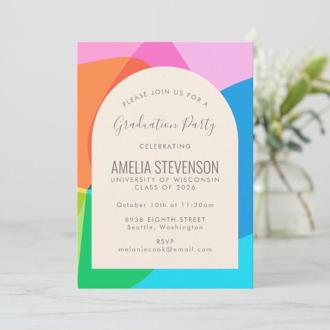 Colourful Abstract Cute Fun Photo Graduation Party Invitation (Standing Front)