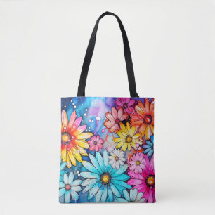 Colourful Abstract Daisy Flowers Print Tote Bag