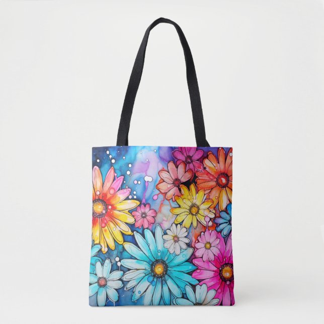 Colourful Abstract Daisy Flowers Print Tote Bag (Front)