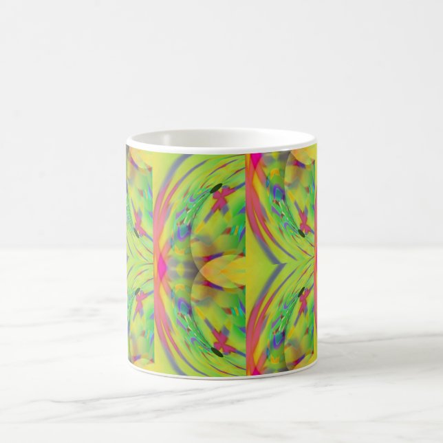 Colourful abstract design in green yellow and red coffee mug (Center)