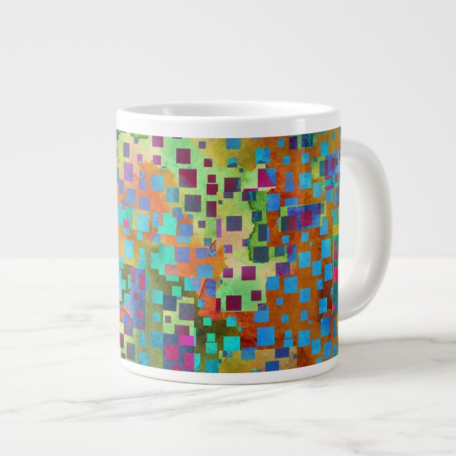 Colourful Abstract Digital Art with Squares Large Coffee Mug (Front Right)