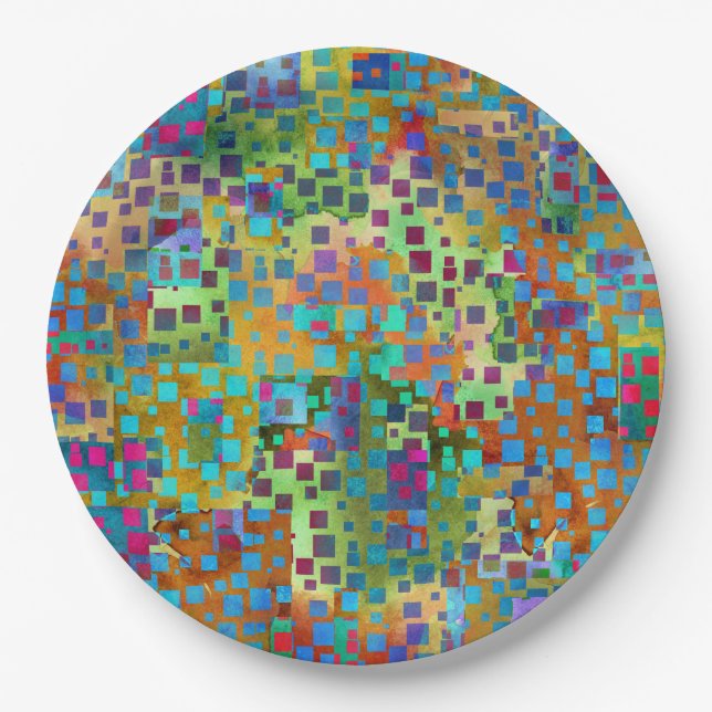Colourful Abstract Digital Art with Squares Paper Plate (Front)