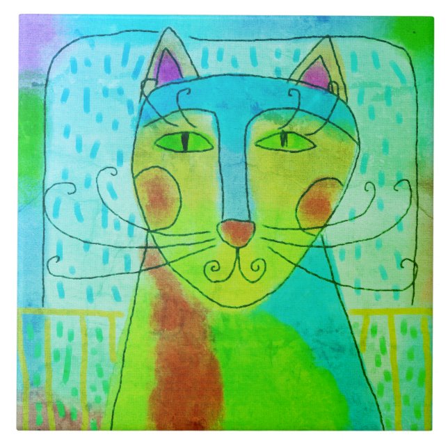 Colourful Abstract Digital Cat Painting Tile (Front)
