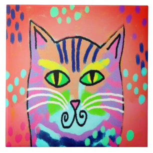 Colourful Abstract Digital Cat Painting Tile
