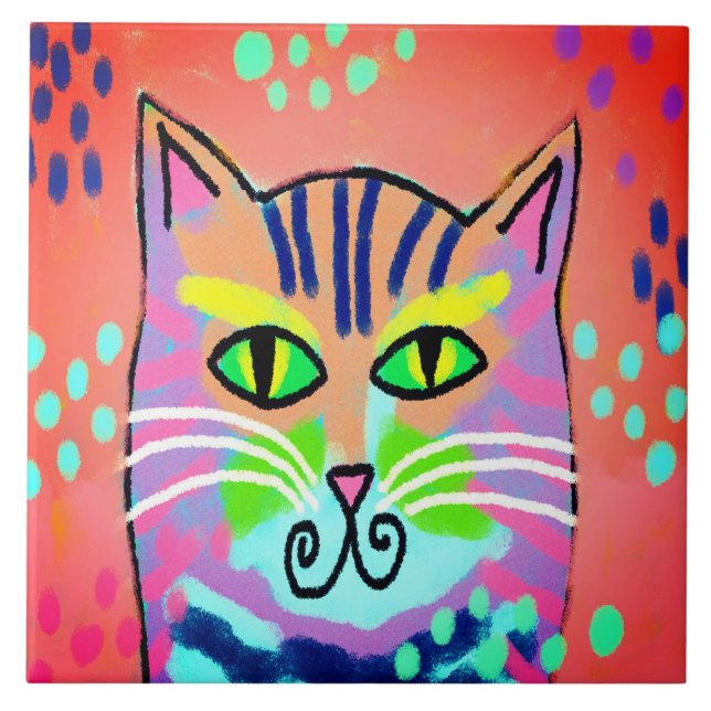 Colourful Abstract Digital Cat Painting Tile (Front)