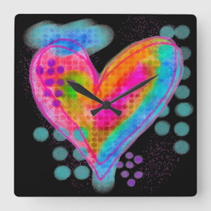 Colourful Abstract Digital Heart Painting Square Wall Clock