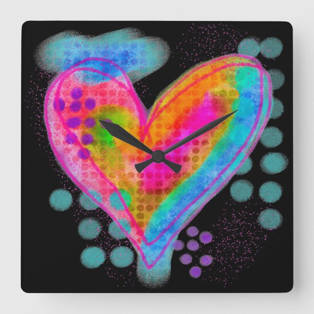 Colourful Abstract Digital Heart Painting Square Wall Clock (Front)