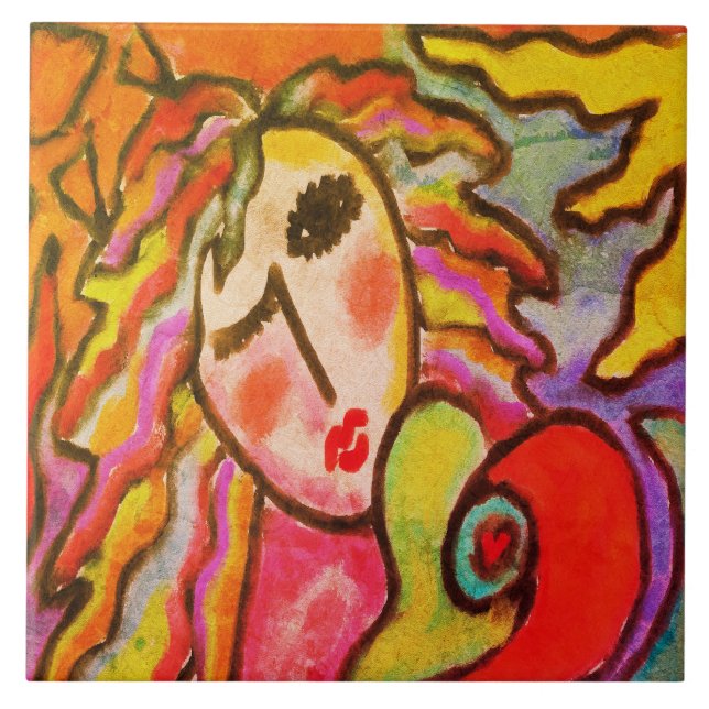 Colourful Abstract Digital Portrait of a Woman Tile (Front)